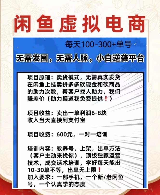 外边收费600多的闲鱼虚似电商之拼多多助力项目，单号100-300元