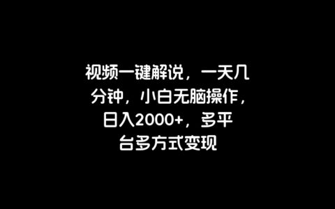 视频一键解说，一天几分钟，小白无脑操作，日入2000+，多平台多方式变现