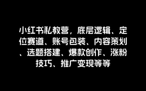 小红书私教营，底层逻辑、定位赛道、账号包装、内容策划、选题搭建、爆款创作、涨粉技巧、推广变现等等